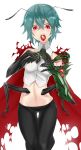  1girl absurdres antennae bifrst cape earrings extra_arms fangs green_hair highres insect_girl jewelry midriff monster_girl navel open_mouth red_eyes short_hair solo touhou wings wriggle_nightbug 