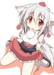  1girl animal_ears bare_shoulders blush breasts fang hat inubashiri_momiji long_sleeves looking_at_viewer open_mouth pom_pom_(clothes) red_eyes ribbon-trimmed_sleeves ribbon_trim short_hair silver_hair simple_background solo suzukishi tail tokin_hat touhou white_background wolf_ears wolf_tail 