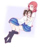  :o black_hair blush dress_shirt embarrassed frown hand_on_another&#039;s_head highres hug lavender_background love_live!_school_idol_project nishikino_maki only_norisu open_mouth patting_head plaid plaid_skirt pleated_skirt red_eyes redhead school_uniform shirt short_hair simple_background sitting skirt socks surprised sweat twintails white_shirt yazawa_nico yuri 