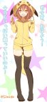  1girl :d alternate_costume black_legwear blush_stickers brown_eyes brown_hair crossover dot_nose fang hair_ornament hairclip highres hoodie ikazuchi_(kantai_collection) kantai_collection long_legs long_sleeves looking_at_viewer no_shoes open_mouth pikachu pikachu_(cosplay) pikachu_costume pikachu_tail pokemon power_connection pun shijima_(sjmr02) short_hair short_pants smile solo standing star tail thigh-highs translated twitter_username white_background yellow_clothes zettai_ryouiki 