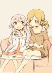  2girls :d brown_eyes cake couch cup dress drill_hair food glass glass_table holding kyuri long_hair looking_at_another mahou_shoujo_madoka_magica momoe_nagisa multiple_girls open_mouth pink_hair sitting sketch smile sweater_dress table tea teacup tomoe_mami twin_drills two_side_up wavy_hair yellow_eyes 