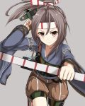  1girl bow_(weapon) brown_eyes brown_hair grey_background hachimaki hakama_pants headband high_ponytail japanese_clothes kantai_collection looking_at_viewer muneate one_leg_raised rabochicken simple_background solo weapon zuihou_(kantai_collection) 