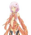  1girl bare_shoulders black_legwear breasts center_opening cleavage detached_sleeves elbow_gloves fingerless_gloves gloves guilty_crown hair_ornament hairclip hand_on_own_chest long_hair looking_at_viewer navel open_mouth orange_eyes pink_hair solo thigh-highs twintails yuzuriha_inori 