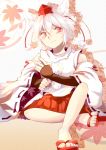  1girl animal_ears bare_shoulders barefoot blush detached_sleeves fingerless_gloves geta gloves hat highres inubashiri_momiji leaf long_sleeves looking_away pom_pom_(clothes) red_eyes ribbon-trimmed_sleeves ribbon_trim short_hair siam_(meow13) silver_hair sitting solo tokin_hat touhou wolf_ears 
