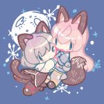  2girls animal_ears blonde_hair blue_background blue_eyes blush_stickers cat_ears cat_tail cheek-to-cheek chibi eila_ilmatar_juutilainen flying fox_ears fox_tail full_moon jacket long_hair long_sleeves looking_at_another military military_uniform moon multiple_girls okayu_(headless) one_eye_closed open_mouth sanya_v_litvyak short_hair silver_hair simple_background smile star_(sky) strike_witches striker_unit tail triangle_mouth uniform 