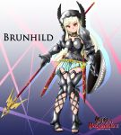  1girl armor bangs black_gloves breastplate breasts brynhild_(reginleiv) character_name cleavage copyright_name detached_collar gauntlets gloves head_wings highres long_hair miniskirt pauldrons polearm red_eyes sandals scabbard sheath sheathed shield silver_hair skirt solo spear sword toeless_boots valkyrie wakagashira weapon zangeki_no_reginleiv 