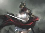  1girl blonde_hair breasts cleavage dragon&#039;s_dogma gauntlets helmet homex horned_helmet large_breasts midriff pale_skin pawn_(dragon&#039;s_dogma) red_scarf scarf skirt solo sword weapon 