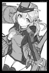  1girl blush border breasts cowboy_shot dated greyscale hand_on_own_chest hat kantai_collection long_hair looking_at_viewer low_twintails machinery microskirt monochrome nanahara_fuyuki peaked_cap prinz_eugen_(kantai_collection) sketch skirt solo thigh-highs twintails white_background 