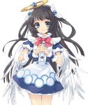  1girl angel_wings apron black_hair blue_eyes blue_skirt bow brooch frills halo hands_clasped itou_noiji jewelry kamisama_to_unmei_kakumei_no_paradox long_hair official_art ribbon saotome_liliel skirt smile solo standing white_wings wings 