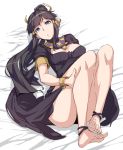  1girl :o armlet barefoot blue_eyes breasts brown_hair cleavage dress egyptian eyeshadow hair_tubes hairband legs long_hair makeup nephthys_(p&amp;d) netlk ponytail puzzle_&amp;_dragons solo 