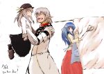  1boy 2girls armor blue_hair buronko buront crossover dress final_fantasy final_fantasy_xi food fruit happy hat hinanawi_tenshi long_hair multiple_girls open_mouth peach red_eyes short_hair silver_hair smile the_iron_of_yin_and_yang touhou 