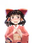  1girl alternate_costume bow brown_hair detached_sleeves hair_bow hair_tubes hakurei_reimu japanese_clothes kimono nihimaru open_mouth simple_background solo tears touhou white_background 