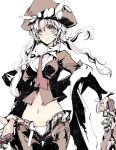  1girl adapted_costume alternate_costume cowboy_shot dual_wielding endou_okito green_eyes gun hat kantai_collection long_hair midriff navel necktie shinkaisei-kan solo unbuckled_belt weapon white_background white_hair wo-class_aircraft_carrier 