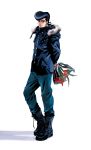  1boy black_hair boots bouquet denim flower fur_collar higashikata_jousuke jacket jeans jojo_no_kimyou_na_bouken kurenai_karasu pants pompadour solo 