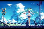  1girl ^_^ absurdres aqua_hair baisi_shaonian closed_eyes clouds hair_ribbon hatsune_miku highres legs long_hair navel outstretched_arms paper_airplane railroad_crossing ribbon sailor_collar short_sleeves shorts sky solo twintails very_long_hair vocaloid 