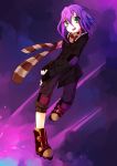  1girl :d absurdres borrowed_character elbow_pads fingerless_gloves flying full_body fuyuki_yuki ghost gloves green_eyes hair_between_eyes highres inline_skates isabelle_(acerailgun) open_mouth original purple_hair roller_skates scarf skates smile solo striped striped_scarf 