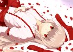  1girl armband awa_(3anco00) bow breasts brown_hair expressionless fingernails fujiwara_no_mokou hair_bow hand_on_own_stomach highres large_bow long_hair long_sleeves looking_at_viewer lying on_back orange_eyes petals solo suspenders touhou 