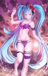  1girl aqua_eyes aqua_hair arm_garter barefoot blue_hair bra bracelet closed_mouth clouds flower flower_on_head garter_belt green_eyes hatsune_miku highres jewelry legs looking_at_viewer navel panties pink_bra solo standing standing_on_water swimsuit twintails underwear vocaloid yusuke_(shiota) 