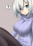  1girl ? black_legwear blue_eyes breasts eyes_visible_through_hair fuuma_nagi grey_hair hair_over_one_eye hamakaze_(kantai_collection) kantai_collection large_breasts looking_at_viewer pantyhose ribbed_sweater short_hair silver_hair simple_background solo spoken_question_mark sweater 