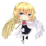  1girl :d angel angel_wings asymmetrical_wings blonde_hair blue_eyes boots borrowed_character cassie_(acerailgun) chibi cravat cyborg dress feathered_wings full_body mechanical_arm mechanical_wings open_mouth original shouu-kun signature smile solo thigh-highs transparent_background winged_shoes wings 