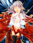  1girl bare_shoulders black_legwear breasts center_opening cleavage detached_sleeves elbow_gloves fingerless_gloves fujishiro_kokoa gloves guilty_crown hair_ornament hairclip hands_on_own_chest highres long_hair navel open_mouth pink_hair solo thigh-highs twintails yuzuriha_inori 