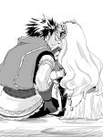  1boy 1girl couple forehead-to-forehead freia_(reginleiv) gloves greyscale hetero long_hair monochrome short_hair sigmund_(reginleiv) sitting spiky_hair xi_(xi1103) zangeki_no_reginleiv 