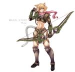  1girl absurdres animal_ears arrow blonde_hair blue_eyes bow_(weapon) brave_story brave_story:_aratanaru_tabibito breasts cat_ears cat_tail character_name copyright_name elbow_pads gloves greaves highres olegna_zueqram quiver scarf shoulder_pads solo tail under_boob weapon yuno_(brave_story) 