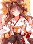  animal_ears blue_eyes brown_hair double_bun hairband kantai_collection kongou_(kantai_collection) long_hair mogu_(au1127) nontraditional_miko one_eye_closed twitter_username 