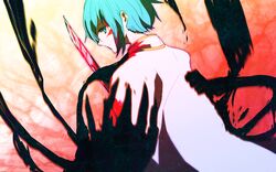  1girl 532 back blood blood_on_face bloody_weapon blue_eyes blue_hair cape highres looking_back magical_girl mahou_shoujo_madoka_magica miki_sayaka sebastians_(madoka_magica) short_hair solo sword weapon 