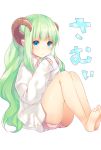  1girl bare_legs barefoot blue_eyes blush cold cup dress_shirt green_hair horns itou_nanami looking_at_viewer original pointy_ears shirt short_shorts shorts sitting sleeves_past_wrists solo steam white_background 