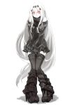  1girl aircraft_carrier_water_oni black_gloves black_legwear detached_sleeves full_body gloves greaves kantai_collection long_hair looking_at_viewer mephist-pheles red_eyes ribbed_sweater shinkaisei-kan solo standing sweater thigh-highs very_long_hair white_background white_hair zettai_ryouiki 