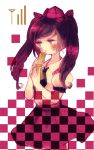  1girl brown_eyes brown_hair cellphone checkered hat himekaidou_hatate long_hair necktie phone ribbon signal_bar skirt solo tokin_hat touhou twintails yujup 