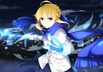  1girl aqua_eyes blonde_hair ello fate/stay_night fate_(series) gauntlets invisible_air jacket looking_at_viewer night saber scarf short_hair skirt solo 