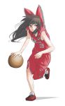  1girl adapted_costume adapted_uniform alternate_costume basketball bow brown_hair dribbling hair_bow hair_tubes hakurei_reimu kugi_(kugi-xiv) long_hair sarashi solo sportswear sweat sweating sweating_profusely touhou wet 