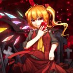  1girl alternate_costume ascot blonde_hair bow card crescent_moon cross flandre_scarlet graveyard hanamaru-s hat moon no_hat red_eyes red_sky ribbon short_hair side_ponytail skirt_hold sky smile solo touhou wings 