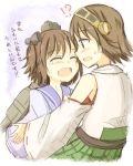  !? 2girls :d ^_^ bare_shoulders brown_hair closed_eyes detached_sleeves green_skirt hairband happy headgear hiei_(kantai_collection) japanese_clothes kantai_collection lowres machinery mashayuki multiple_girls nontraditional_miko open_mouth plaid plaid_skirt sailor_collar sailor_dress short_hair skirt smile tears translation_request white_background yukikaze_(kantai_collection) 