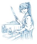  admiral_(kantai_collection) bbb_(friskuser) cooking fish houshou_(kantai_collection) japanese_clothes kantai_collection knife long_hair photo_(object) ponytail 