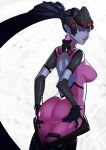  1girl amelie_lacroix ass bodysuit breasts brown_eyes gloves highres light_smile looking_back overwatch ponytail solo splashbrush spread_ass violet_eyes visor widowmaker_(overwatch) 