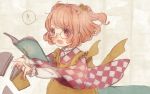  1girl apron bell book checkered dropping glasses hair_bell hair_ornament japanese_clothes long_sleeves motoori_kosuzu open_mouth red_eyes redhead short_hair solo touhou twintails wide_sleeves yujup 