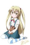  1girl blonde_hair blush hair_bobbles hair_ornament himeki_chifuyu inou-battle_wa_nichijou-kei_no_naka_de kuri_youkan long_hair looking_at_viewer pantyhose school_uniform sitting solo striped striped_legwear stuffed_animal stuffed_toy two_side_up wariza yellow_eyes 