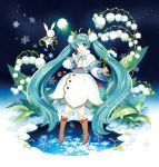  1girl :d absurdly_long_hair ahoge aqua_eyes aqua_hair boots capelet flower fur_trim hairband hatsune_miku headset highres lily_of_the_valley long_hair looking_at_viewer mistletoe nardack open_mouth rabbit sky smile snow snowflakes solo star_(sky) starry_sky very_long_hair vocaloid yuki_miku 