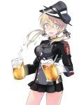  1girl alcohol anchor_hair_ornament aqua_eyes beer beer_mug blonde_hair blush fujibejifu gloves hair_ornament hat kantai_collection long_hair long_sleeves microskirt military military_uniform open_mouth peaked_cap prinz_eugen_(kantai_collection) simple_background skirt smile solo twintails uniform white_background white_gloves 