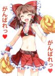  1girl :d ^_^ alternate_costume armpits belt blush bow brown_hair cheerleader closed_eyes cowboy_shot e.o. hair_bow hair_tubes hakurei_reimu highres long_hair navel open_mouth payot pom_poms skirt smile solo touhou white_background wrist_cuffs 