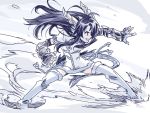  1girl black_hair blue_eyes brass_knuckles china_dress chinese_clothes dragon_girl dragon_horns dragon_tail fighting_stance grin head_fins horns ishiyumi karin_(p&amp;d) long_hair motion_lines puzzle_&amp;_dragons scales smile solo spikes tail thigh-highs vambraces weapon 