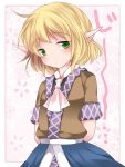  1girl arms_behind_back blonde_hair blush commentary_request green_eyes hammer_(sunset_beach) looking_at_viewer mizuhashi_parsee pointy_ears short_hair short_sleeves solo touhou 