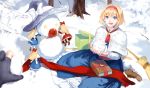  1girl alice_margatroid blonde_hair blue_eyes book boots bow box brooch broom capelet dress fancybetty frills hairband hat hourai_doll jewelry lock looking_at_viewer ribbon shanghai_doll short_hair sitting smile snow star tomato touhou tree witch_hat 