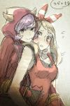  2girls :&gt; absurdres blush brown_hair fake_horns gloves hair_ribbon haruka_(pokemon) haruka_(pokemon)_(remake) highres horned_headwear hug hug_from_behind kagari_(pokemon) kagari_(pokemon)_(remake) multiple_girls pokemon pokemon_(game) pokemon_oras purple_hair ribbon short_hair simple_background sketch sleeveless tank_top team_magma two_side_up uniform yuri zou_(oku) 