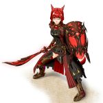  1girl animal_ears armor boots breastplate breasts cat_ears cat_tail facial_mark fighting_stance final_fantasy final_fantasy_xiv gauntlets glasses greaves highres lips miqo&#039;te red_eyes redhead shield solo sword tail thigh-highs thigh_boots weapon 