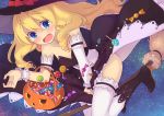  1girl amagi_brilliant_park black_dress blonde_hair blue_eyes blush boots breasts broom broom_riding candy cleavage corset covering covering_crotch crying crying_with_eyes_open detached_sleeves dress garter_straps halloween hat high_heels highres latifa_fleuranza light_particles lollipop long_hair moonhackle open_mouth sky solo star_(sky) starry_sky tears thigh-highs wavy_mouth white_legwear witch_hat wrist_cuffs 