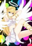  1girl angel_wings armband armpits arms_up artist_request blonde_hair blue_eyes blush feathers highres long_hair looking_at_viewer panty_&amp;_stocking_with_garterbelt panty_(psg) skirt solo wings 